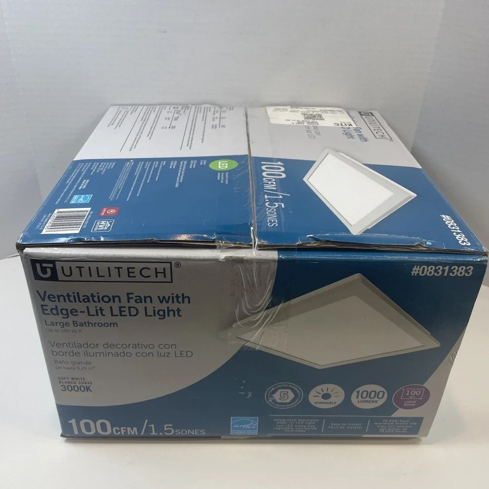 Utilitech Ventilation Fan White 100CFM 1.5Sone Edge-Lit LED Light Dimmable